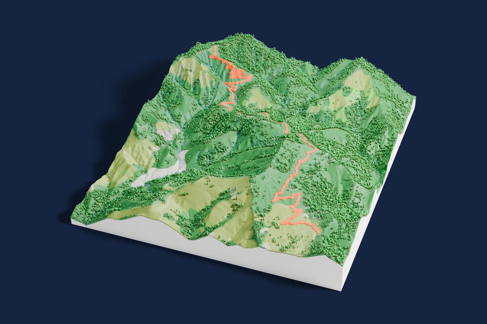 Render of a 3D printed terrain map of the Col de Braus rally stage, the road in orange winding across the terrain.