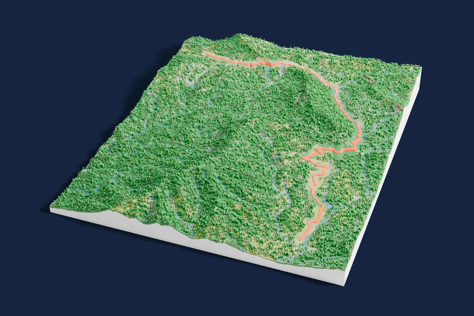 Render of a 3D printed terrain map of the Col de Fontbelle rally stage, the road in orange winding across the terrain.