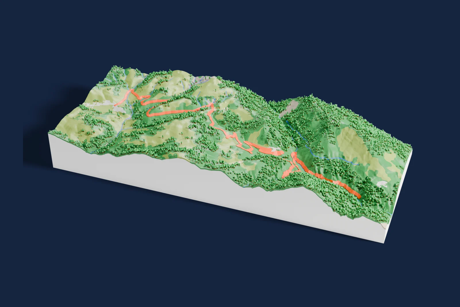 Render of a 3D printed terrain map of the Col de la Couillole rally stage, the road in orange winding across the terrain.