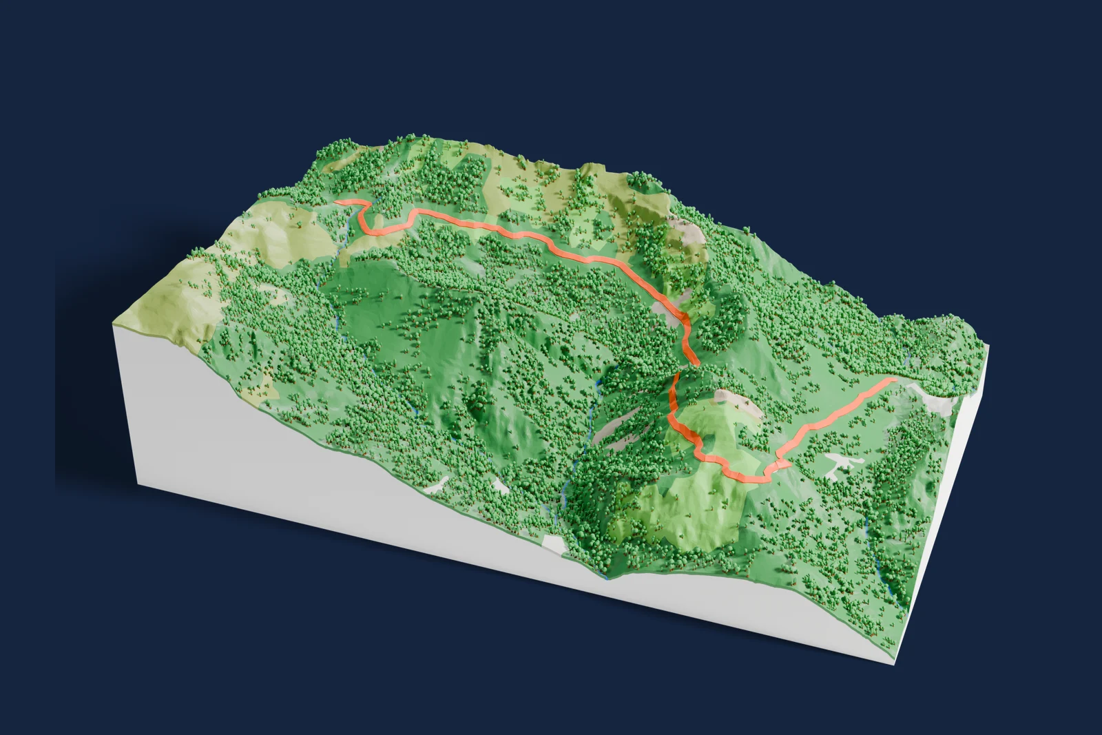 Render of a 3D printed terrain map of the Col de la Madone rally stage, the road in orange winding across the terrain.