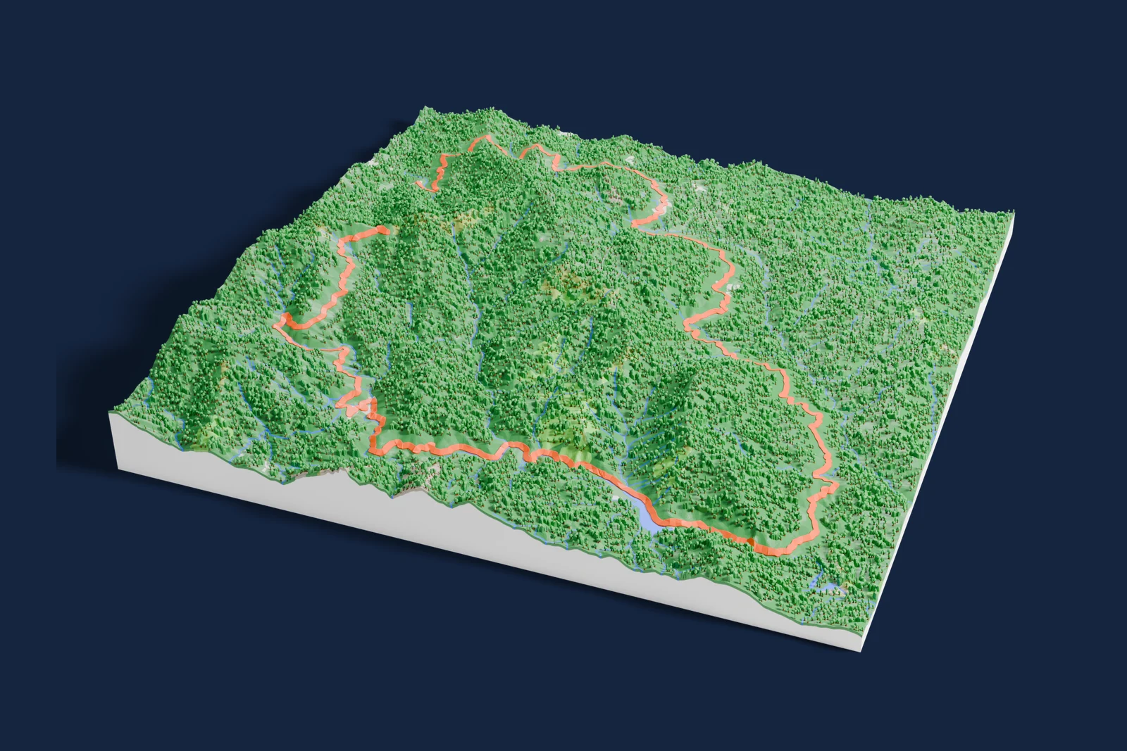 Render of a 3D printed terrain map of the Col de Sorba rally stage, the road in orange winding across the terrain.