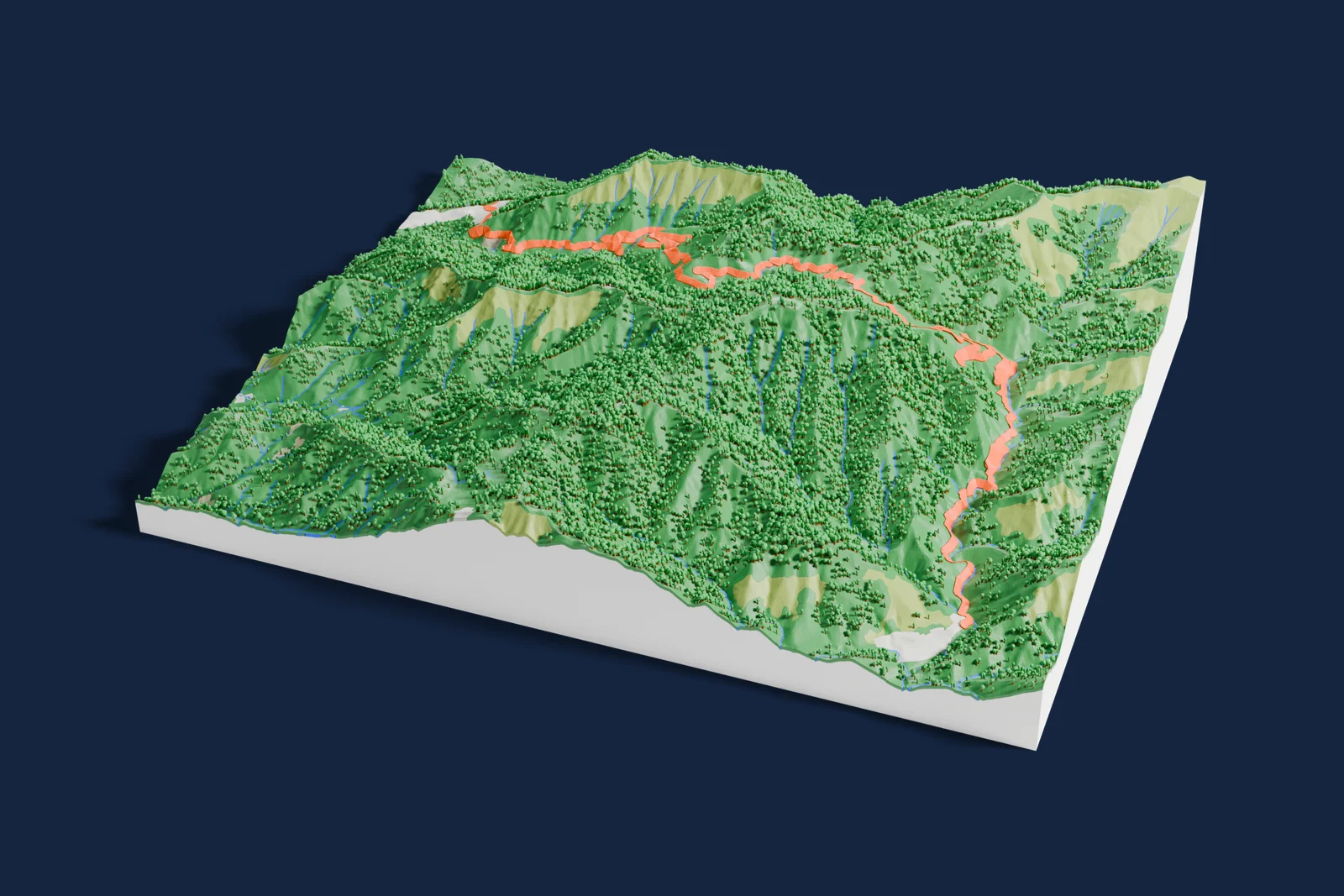 Render of a 3D printed terrain map of the Col de Turini rally stage, the road in orange winding across the terrain.