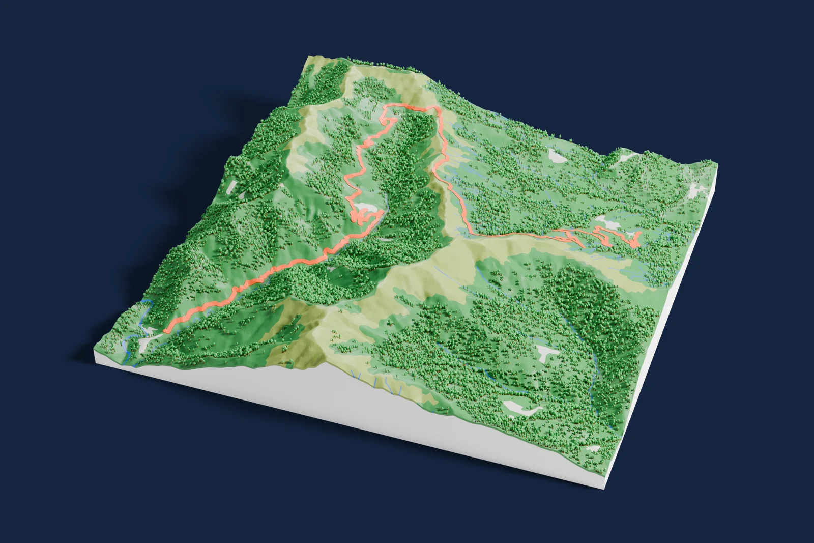 Render of a 3D printed terrain map of the Colle d'Oggia rally stage, the road in orange winding across the terrain.