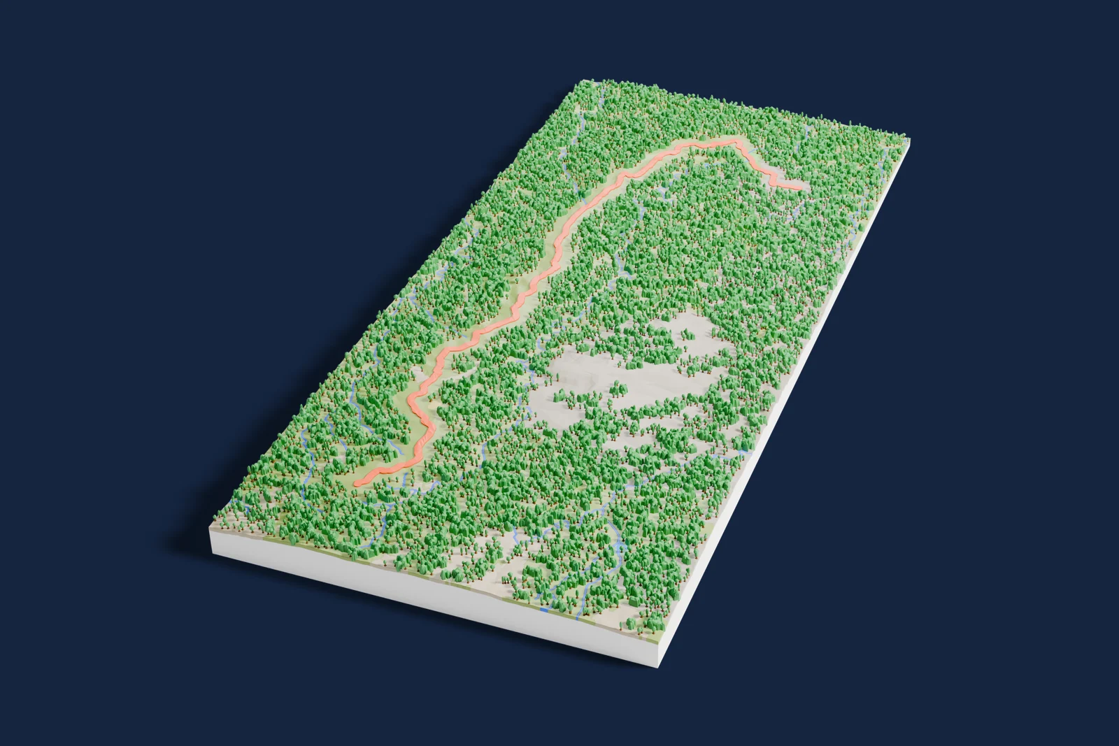Render of a 3D printed terrain map of the Cuchilla Nevada – Characato rally stage, the road in orange winding across the terrain.
