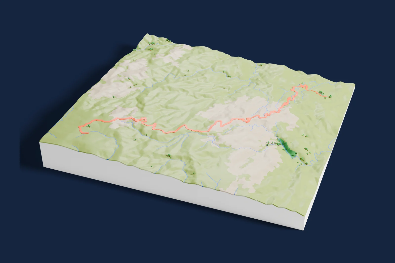 Render of a 3D printed terrain map of the El Cóndor rally stage, the road in orange winding across the terrain.
