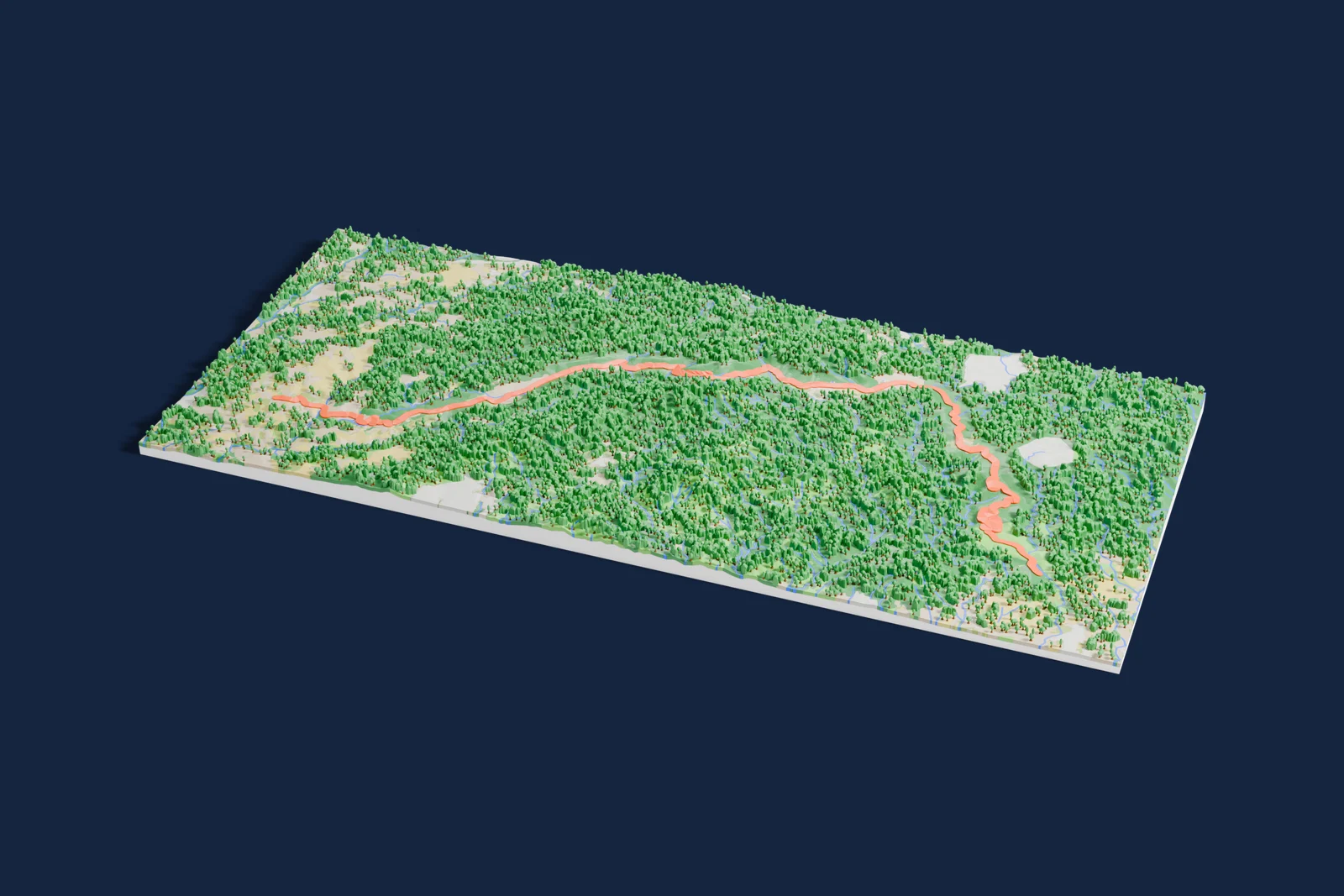 Render of a 3D printed terrain map of the El Montmell rally stage, the road in orange winding across the terrain.