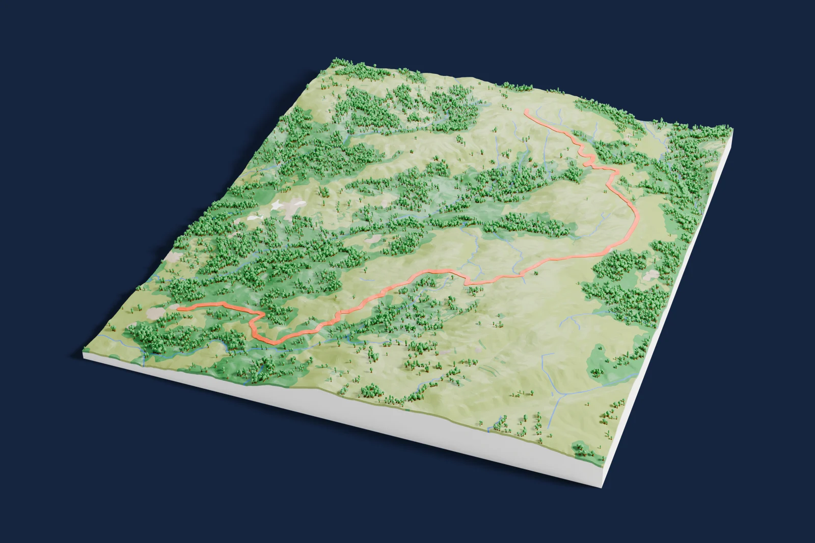 Render of a 3D printed terrain map of the Fafe rally stage, the road in orange winding across the terrain.