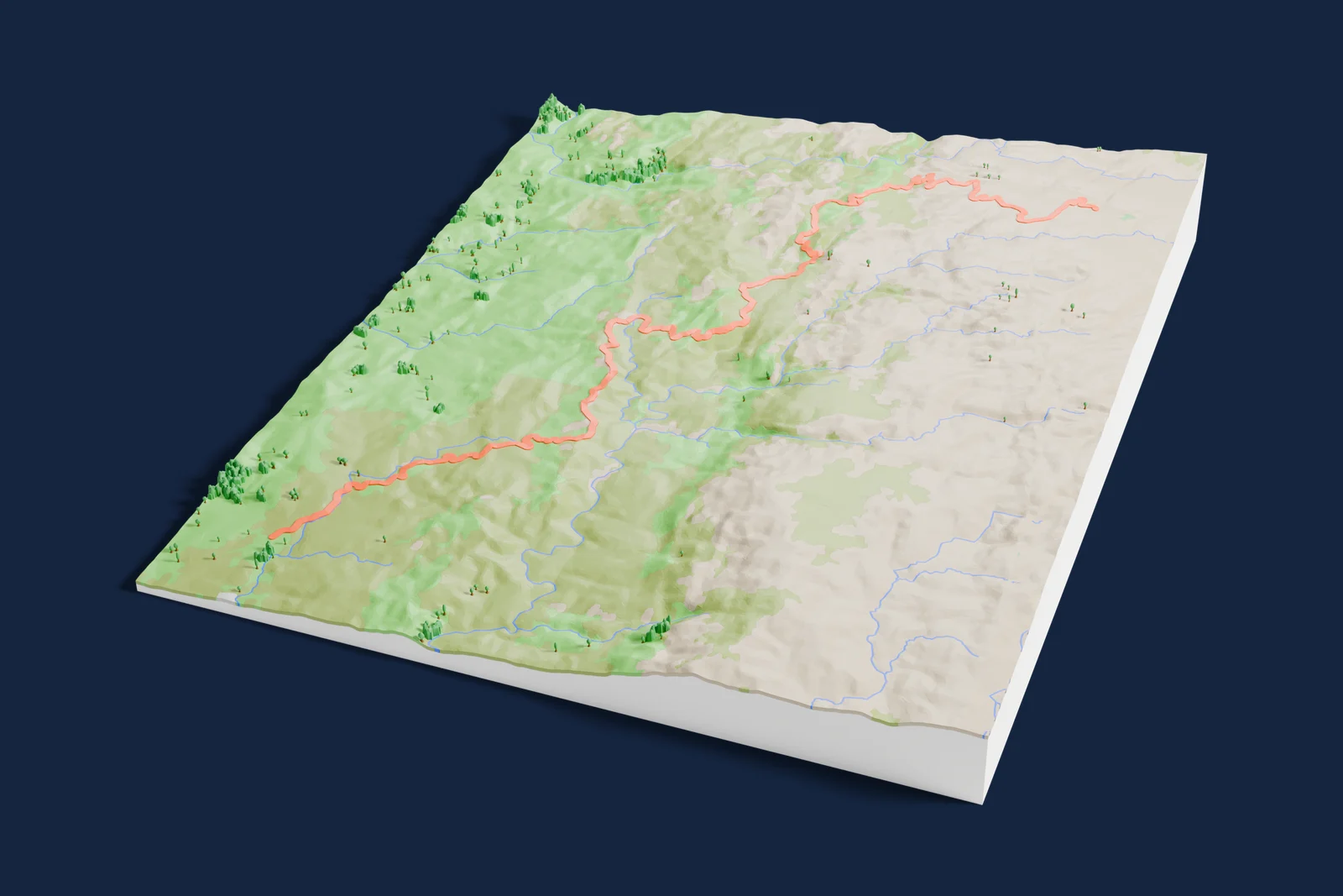 Render of a 3D printed terrain map of the Giulio Cesare rally stage, the road in orange winding across the terrain.