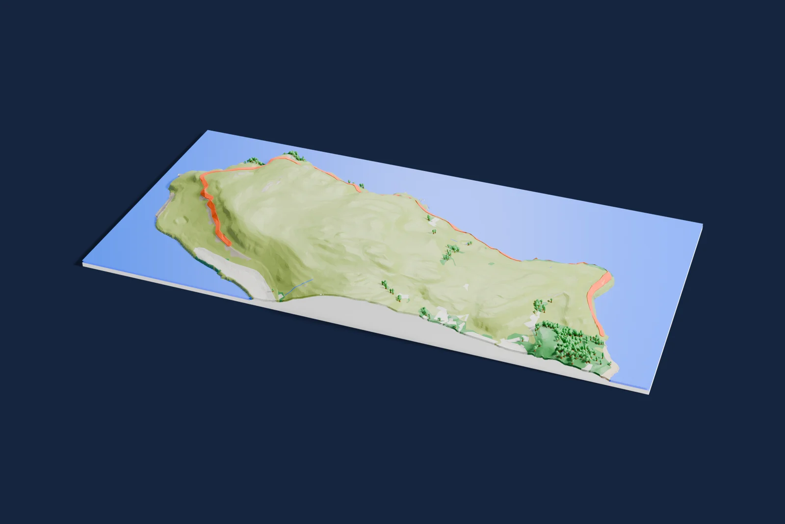 Render of a 3D printed terrain map of the Great Orme rally stage, the road in orange winding across the terrain.