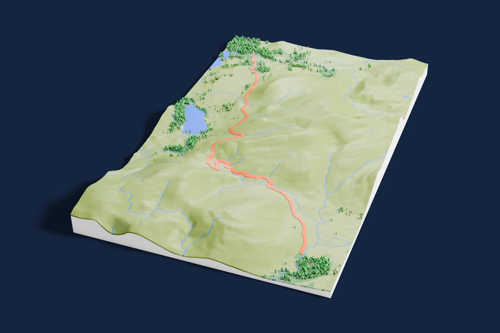 Render of a 3D printed terrain map of the Healy Pass rally stage, the road in orange winding across the terrain.