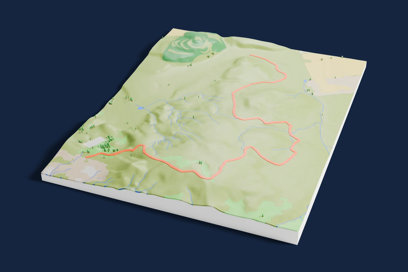 Render of a 3D printed terrain map of the Hell's Gate rally stage, the road in orange winding across the terrain.