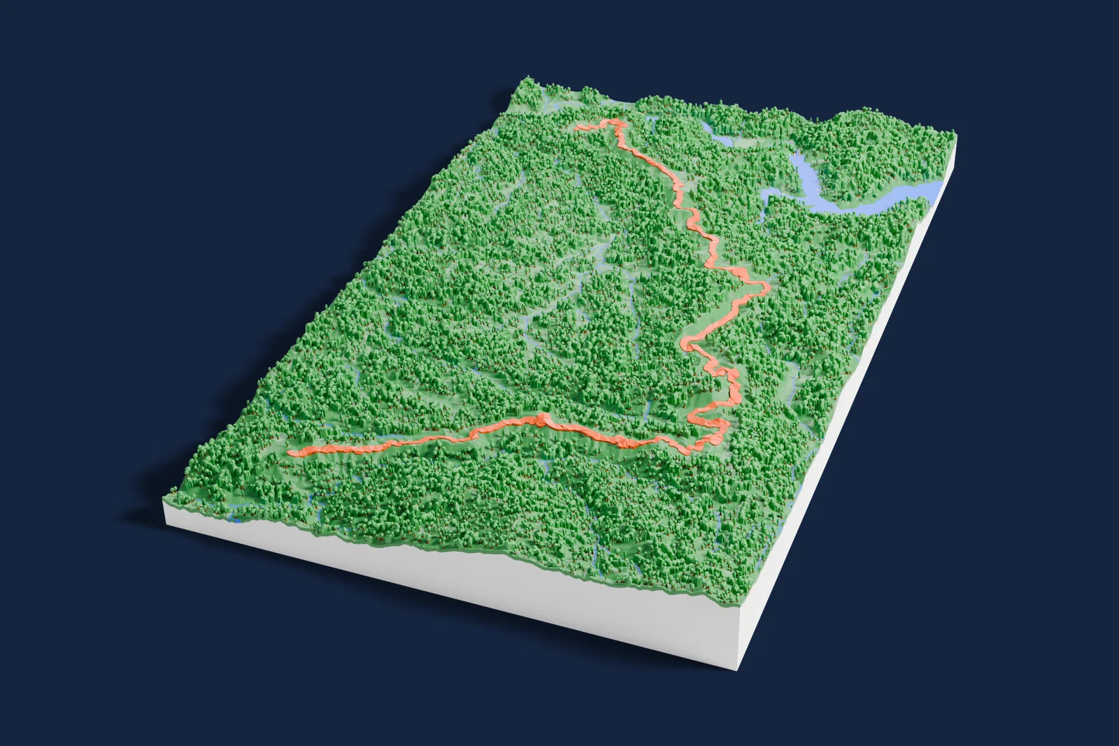 Render of a 3D printed terrain map of the Isegami's Tunnel rally stage, the road in orange winding across the terrain.