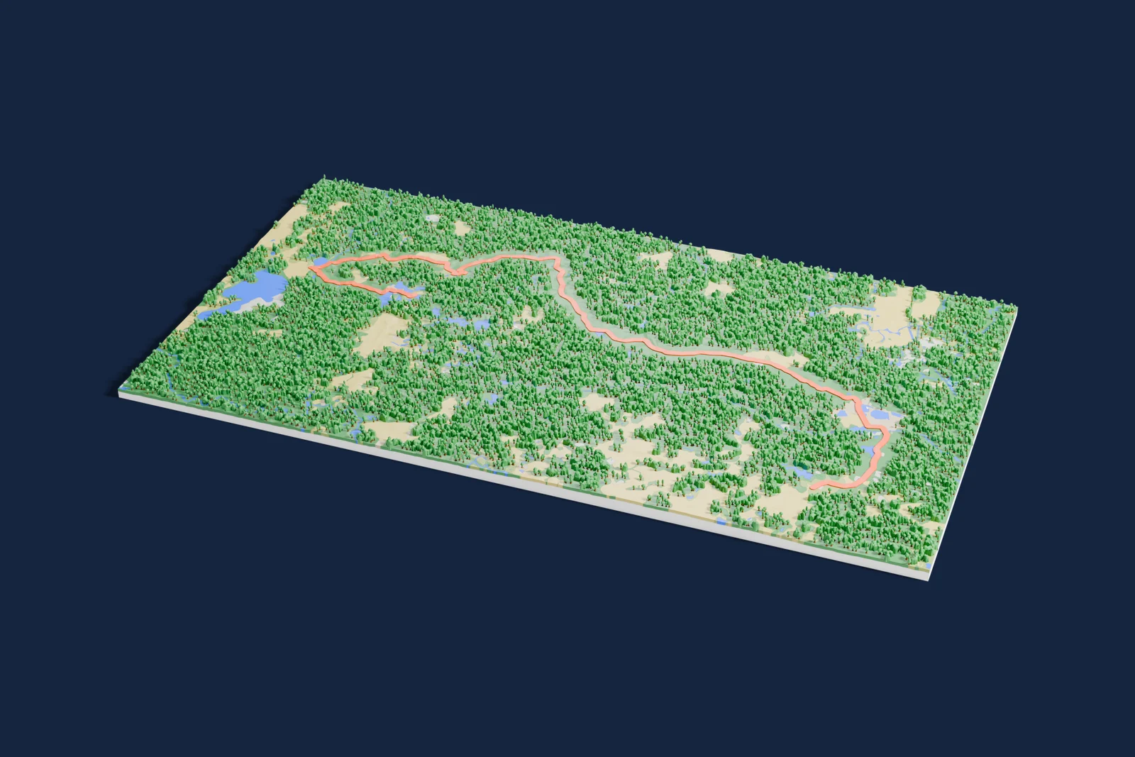 Render of a 3D printed terrain map of the Kambja rally stage, the road in orange winding across the terrain.