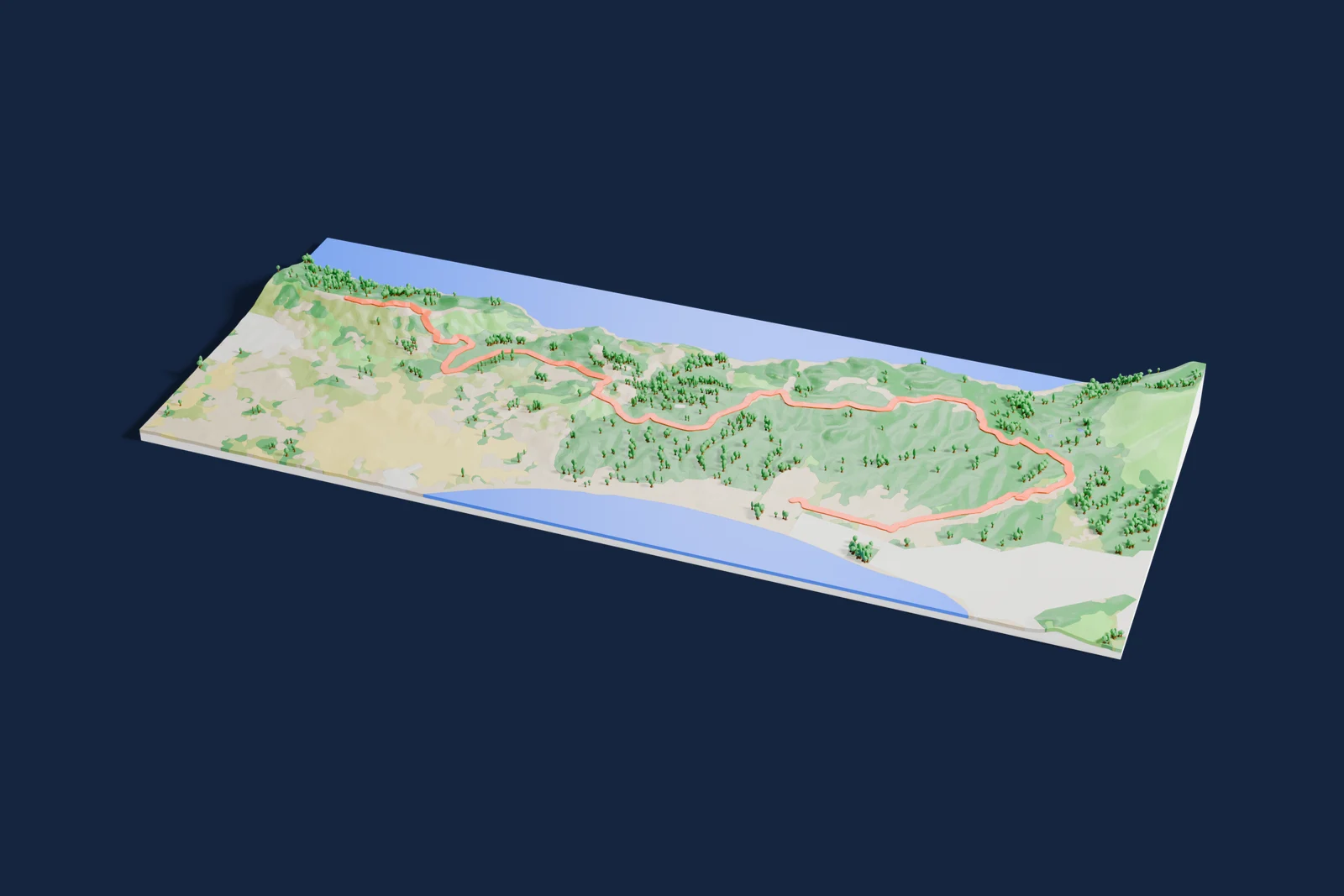 Render of a 3D printed terrain map of the Kızlan rally stage, the road in orange winding across the terrain.