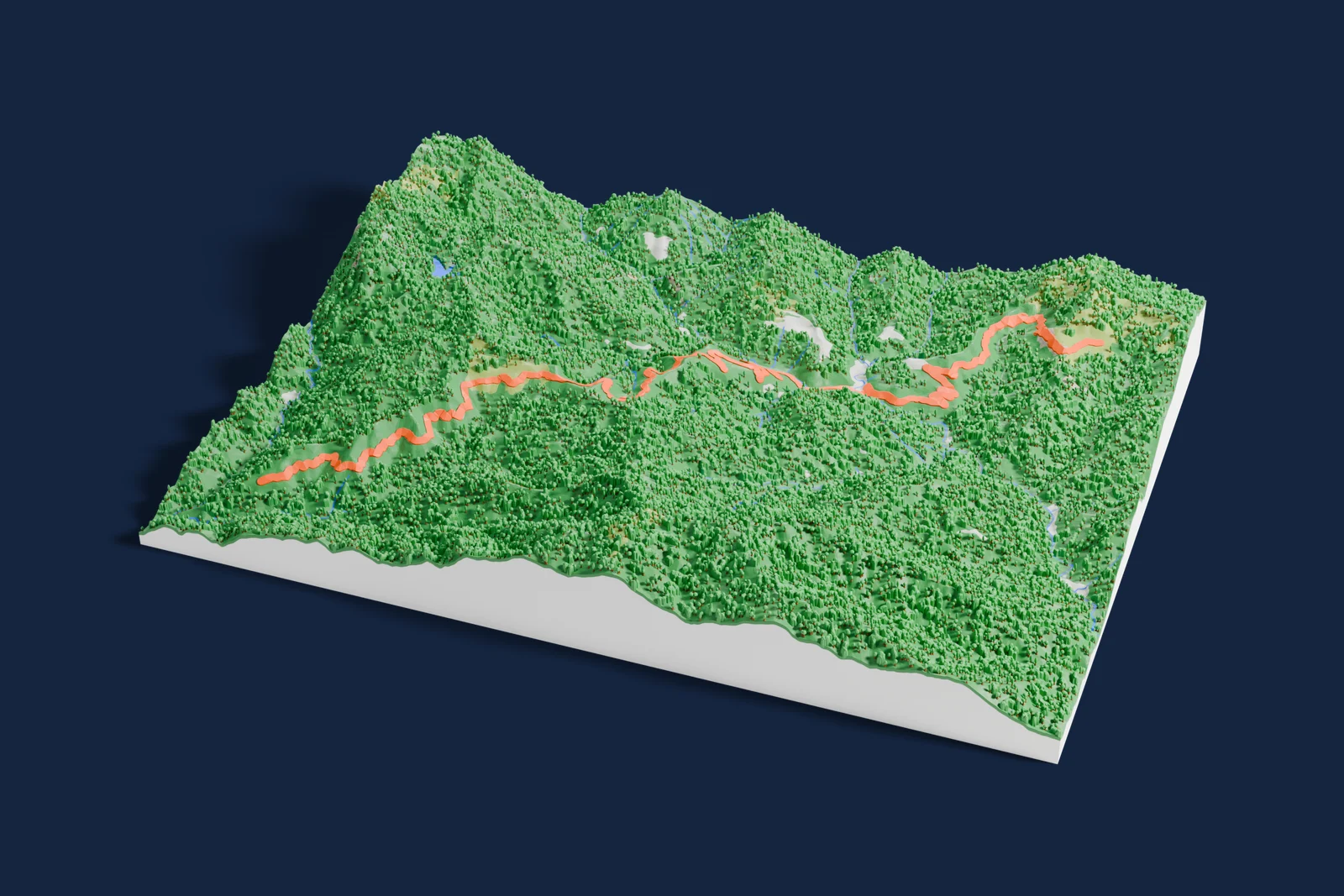 Render of a 3D printed terrain map of the Langan rally stage, the road in orange winding across the terrain.