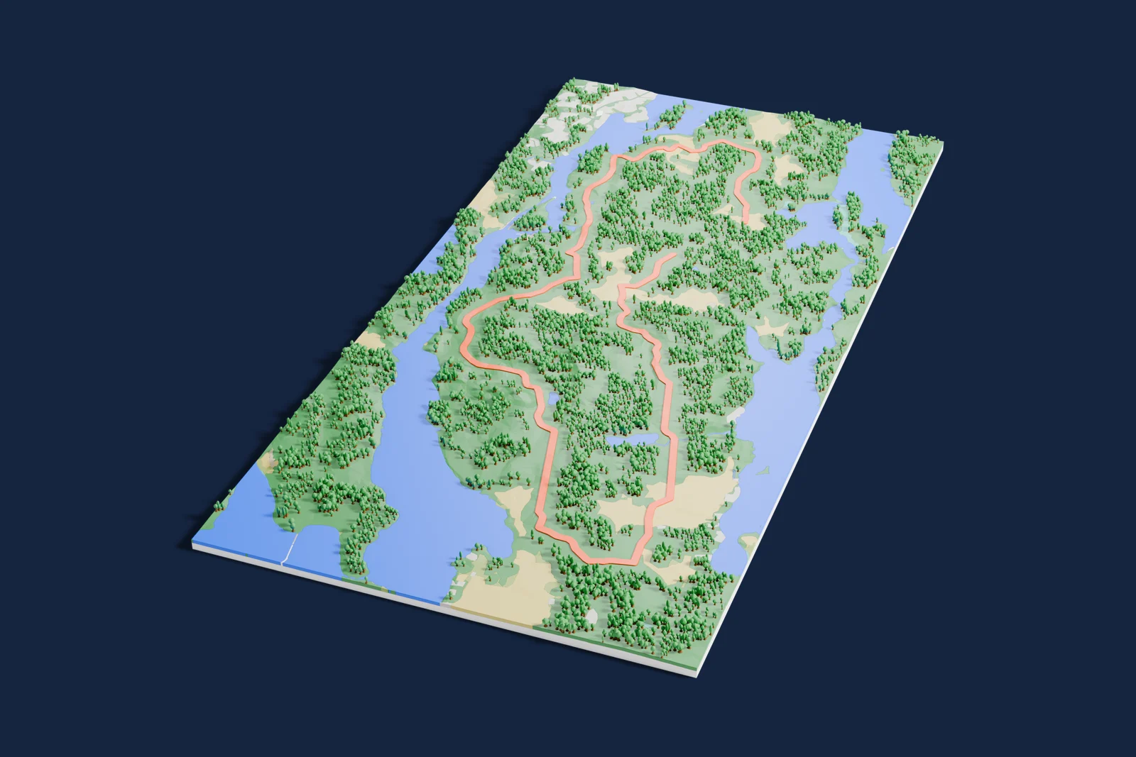 Render of a 3D printed terrain map of the Laukaa rally stage, the road in orange winding across the terrain.