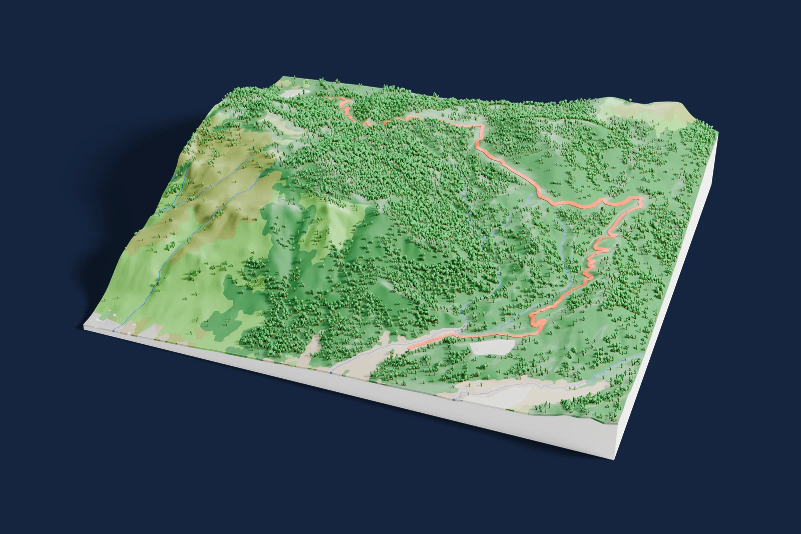 Render of a 3D printed terrain map of the Loutraki rally stage, the road in orange winding across the terrain.