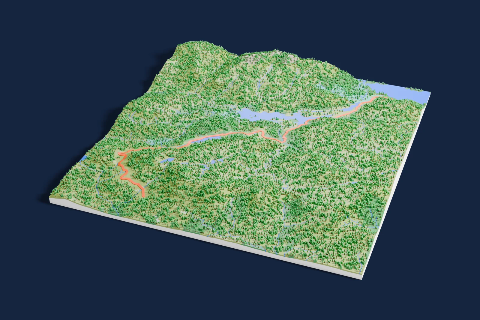 Render of a 3D printed terrain map of the Moll's Gap rally stage, the road in orange winding across the terrain.