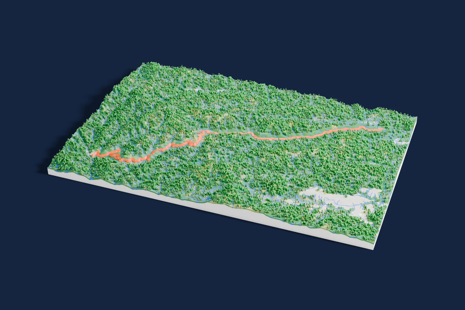 Render of a 3D printed terrain map of the Moulinon – Antraigues rally stage, the road in orange winding across the terrain.