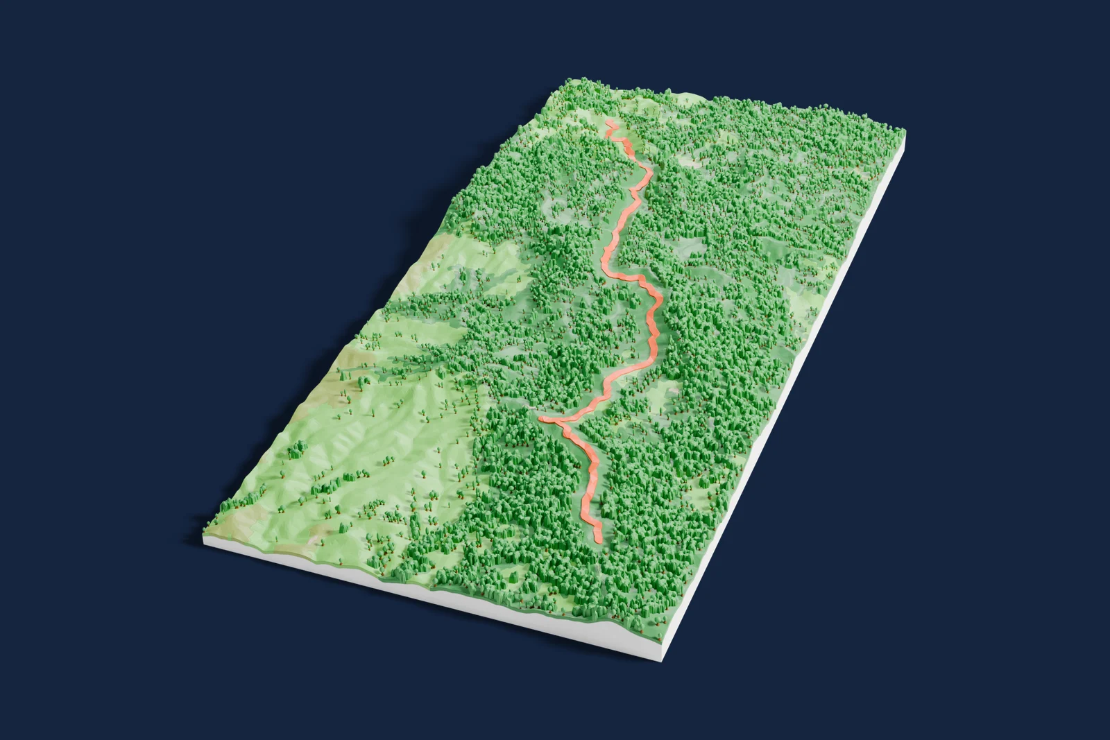 Render of a 3D printed terrain map of the Ortega rally stage, the road in orange winding across the terrain.