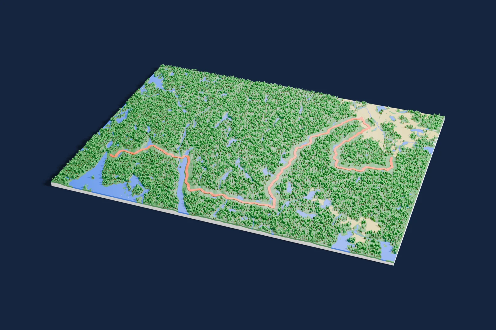 Render of a 3D printed terrain map of the Ouninpohja rally stage, the road in orange winding across the terrain.