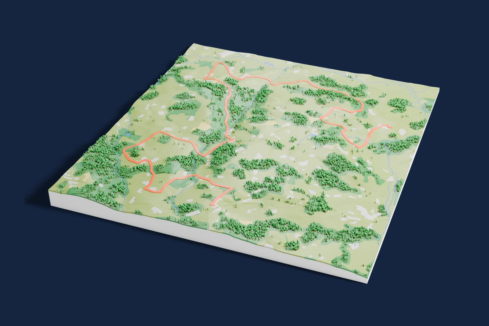 Render of a 3D printed terrain map of the Passauer Land rally stage, the road in orange winding across the terrain.