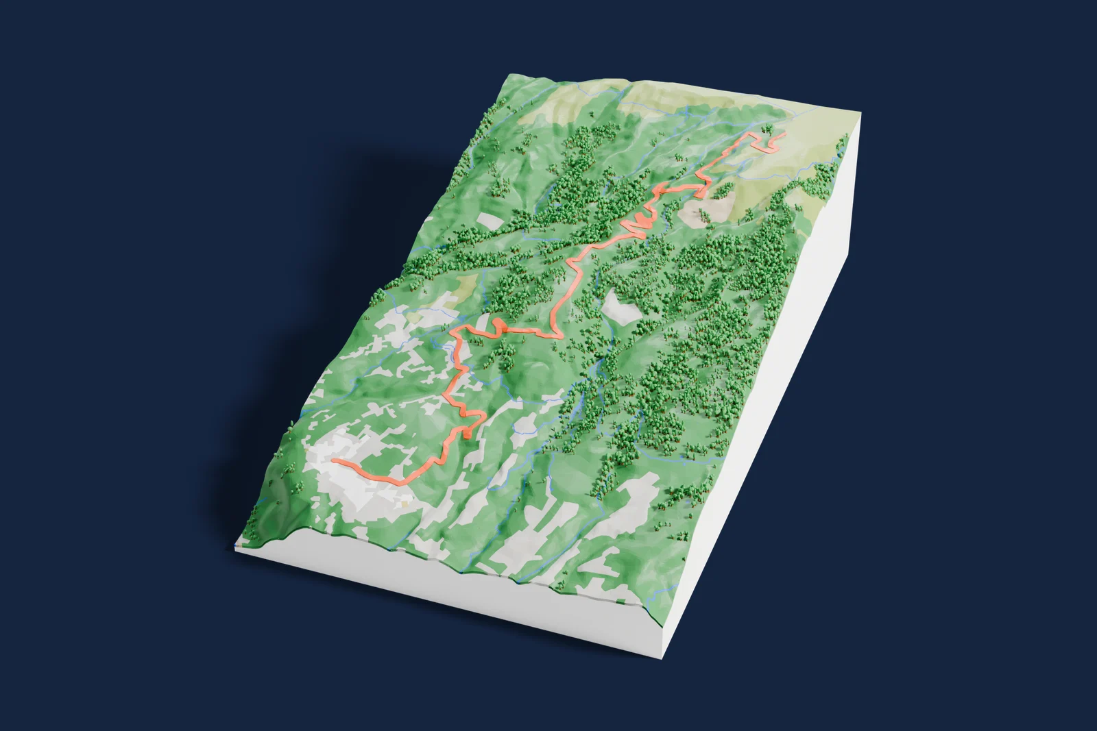 Render of a 3D printed terrain map of the Paúl da Serra rally stage, the road in orange winding across the terrain.