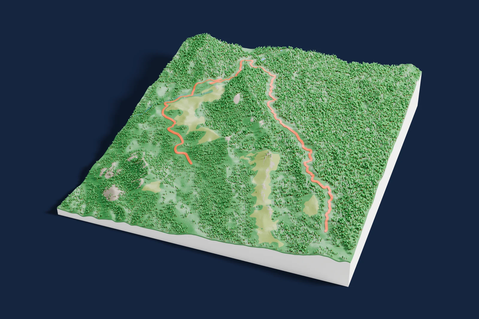 Render of a 3D printed terrain map of the Platak rally stage, the road in orange winding across the terrain.