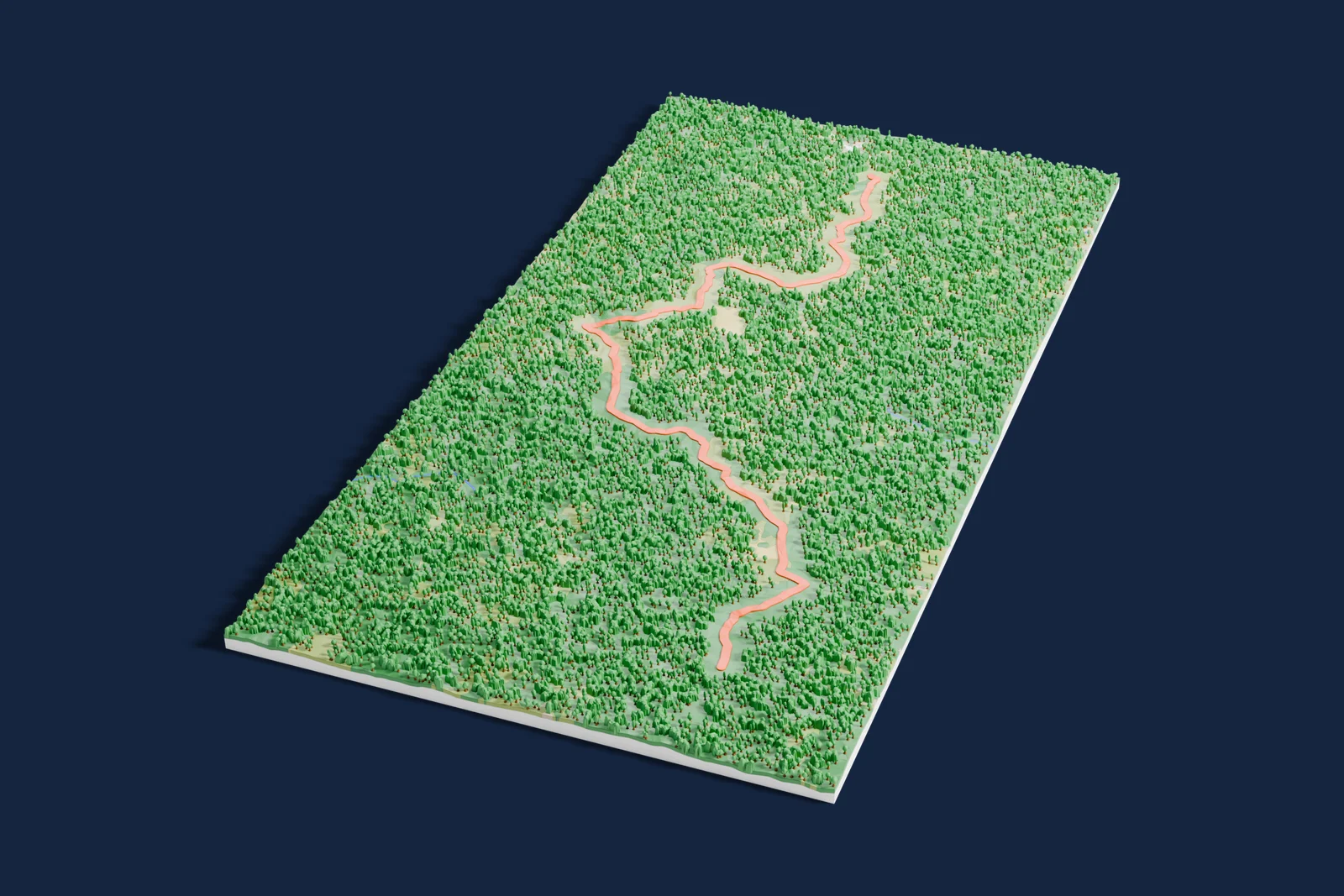 Render of a 3D printed terrain map of the Pulpería rally stage, the road in orange winding across the terrain.