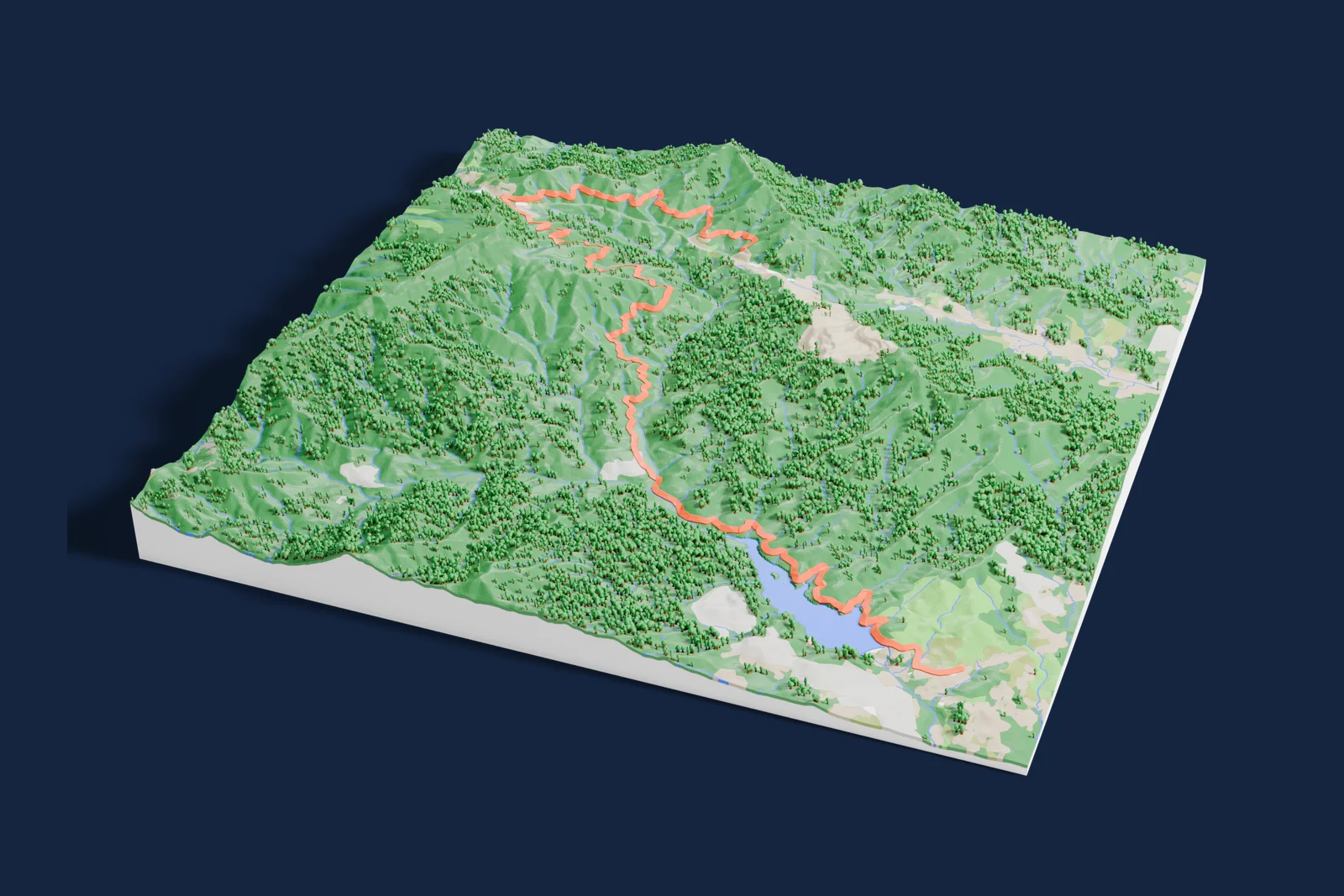 Render of a 3D printed terrain map of the Riudecanyes rally stage, the road in orange winding across the terrain.