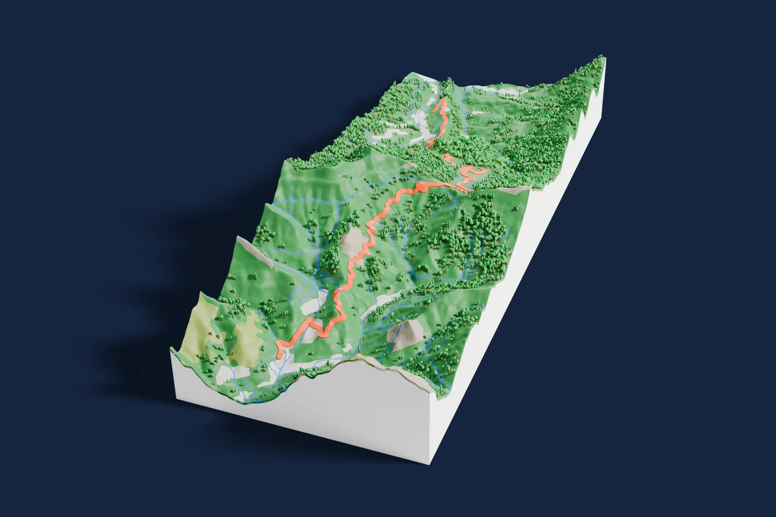 Render of a 3D printed terrain map of the Rosário rally stage, the road in orange winding across the terrain.