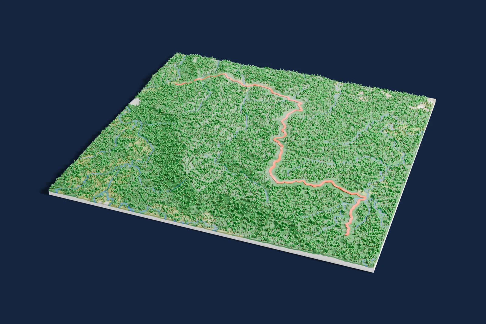 Render of a 3D printed terrain map of the Sherwood rally stage, the road in orange winding across the terrain.