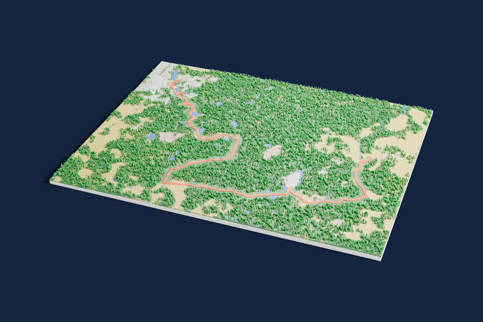 Render of a 3D printed terrain map of the Talsi rally stage, the road in orange winding across the terrain.