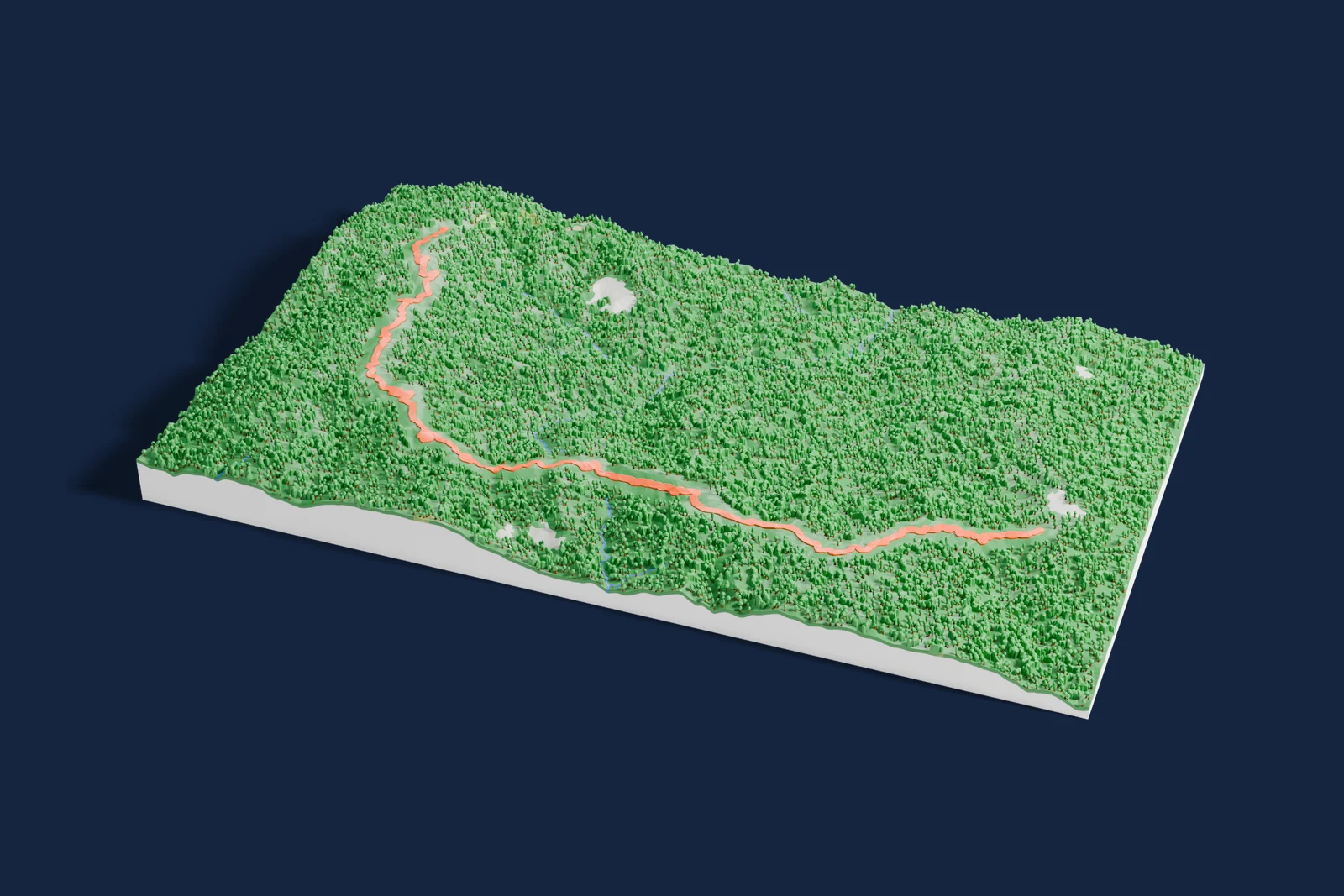Render of a 3D printed terrain map of the Tarzan rally stage, the road in orange winding across the terrain.