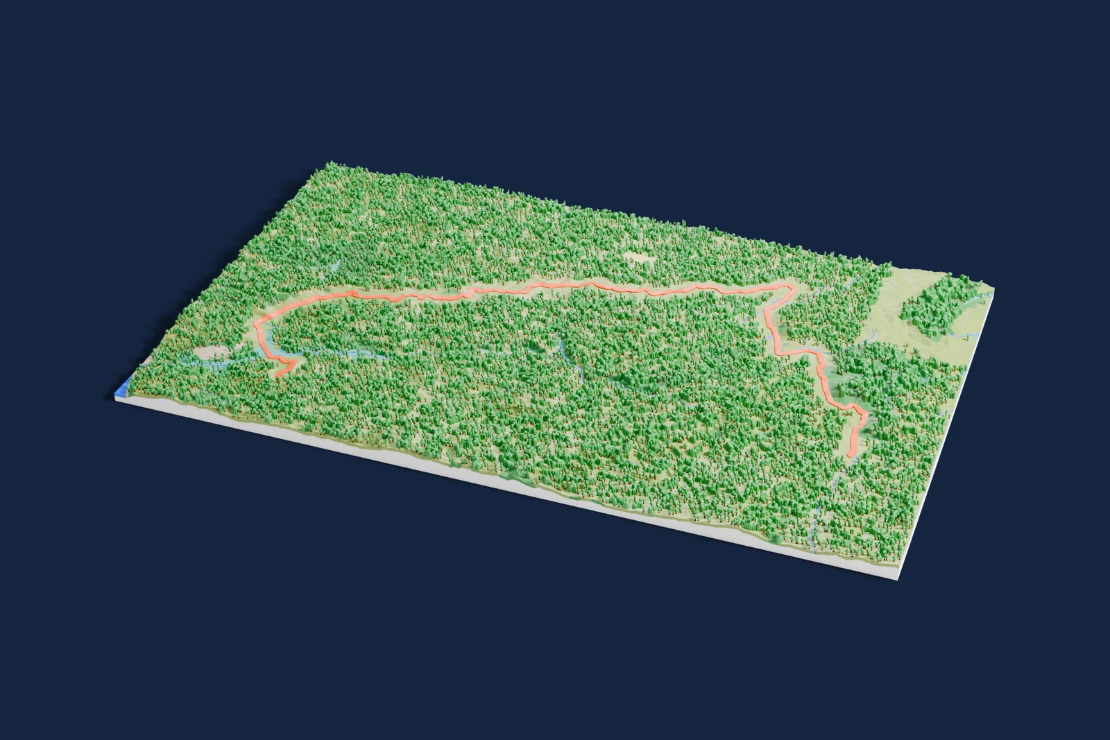 Render of a 3D printed terrain map of the Te Akau North rally stage, the road in orange winding across the terrain.