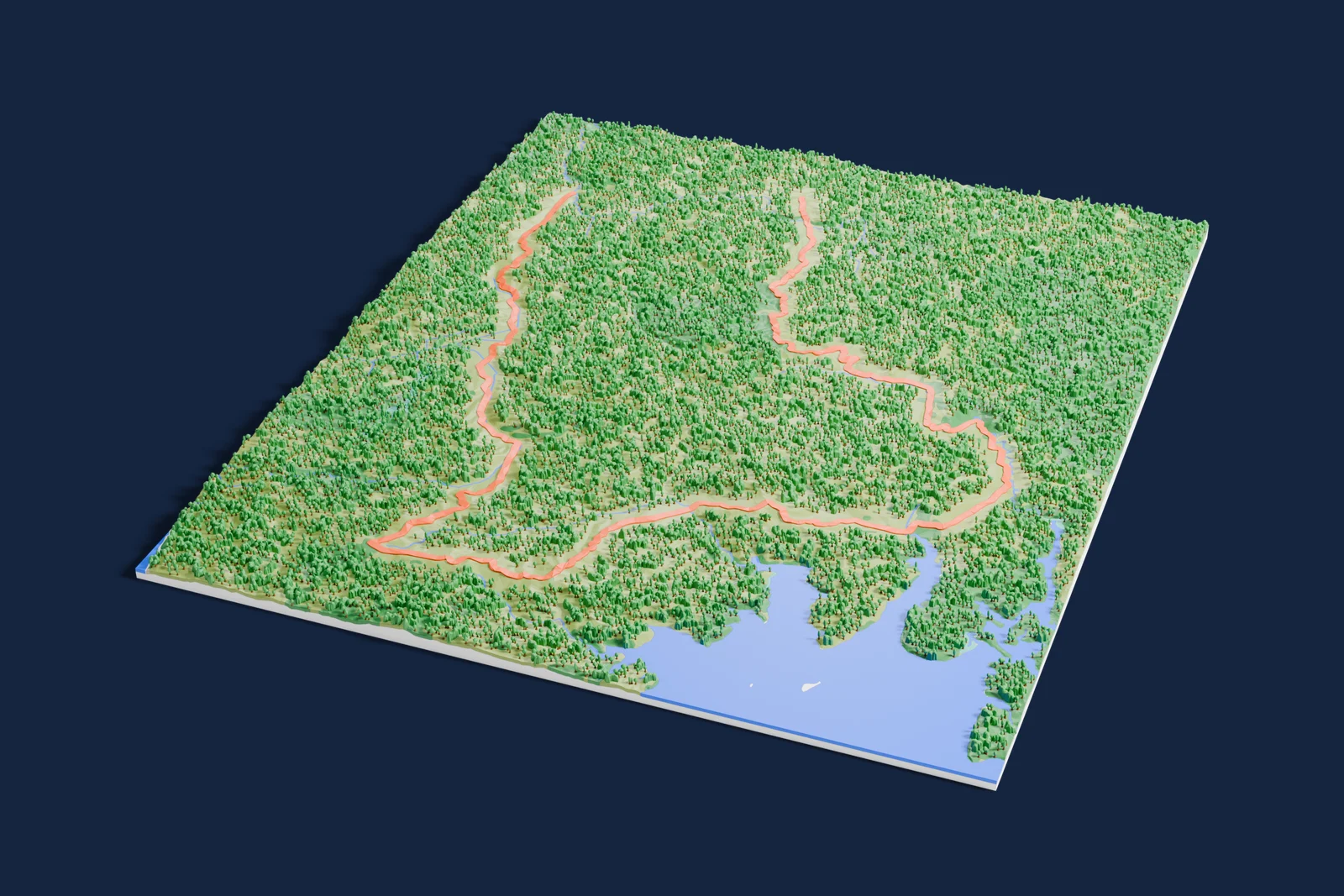 Render of a 3D printed terrain map of the Te Akau South rally stage, the road in orange winding across the terrain.