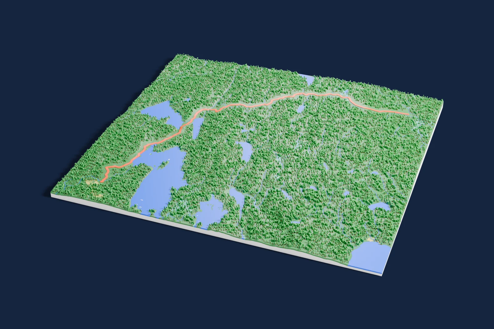 Render of a 3D printed terrain map of the Vargåsen rally stage, the road in orange winding across the terrain.