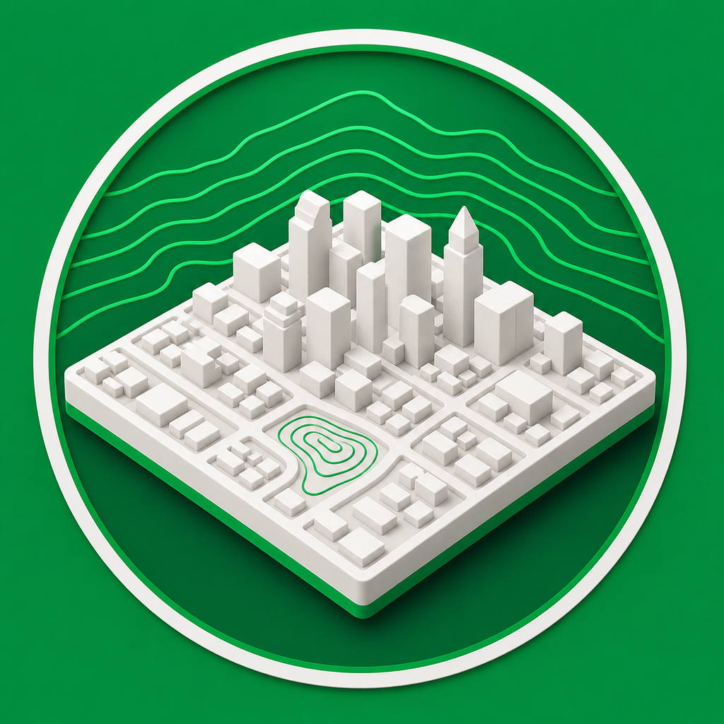 Miniature 3D city model with buildings and terrain for multicolor printing.