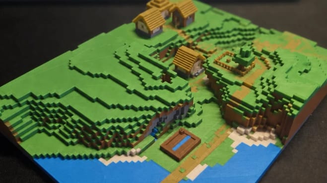 Uma vila de Minecraft impressa à beira da água.
