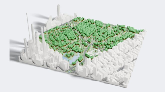 O Central Park e seu entorno como Projeto, dividido em quatro placas.