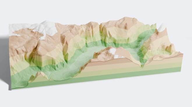 O vale de Yosemite como bloco de terreno em faixas de elevação.
