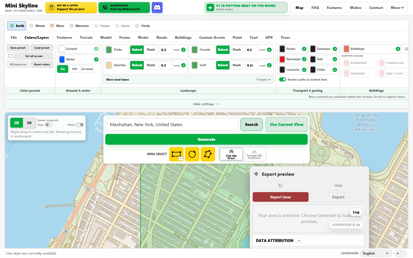 Mini Skyline Earth map editor showing a selected Manhattan area.