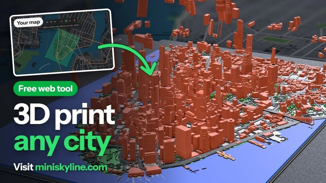 Mini Skyline trailer: a map selection of Lower Manhattan becoming a 3D printable city model