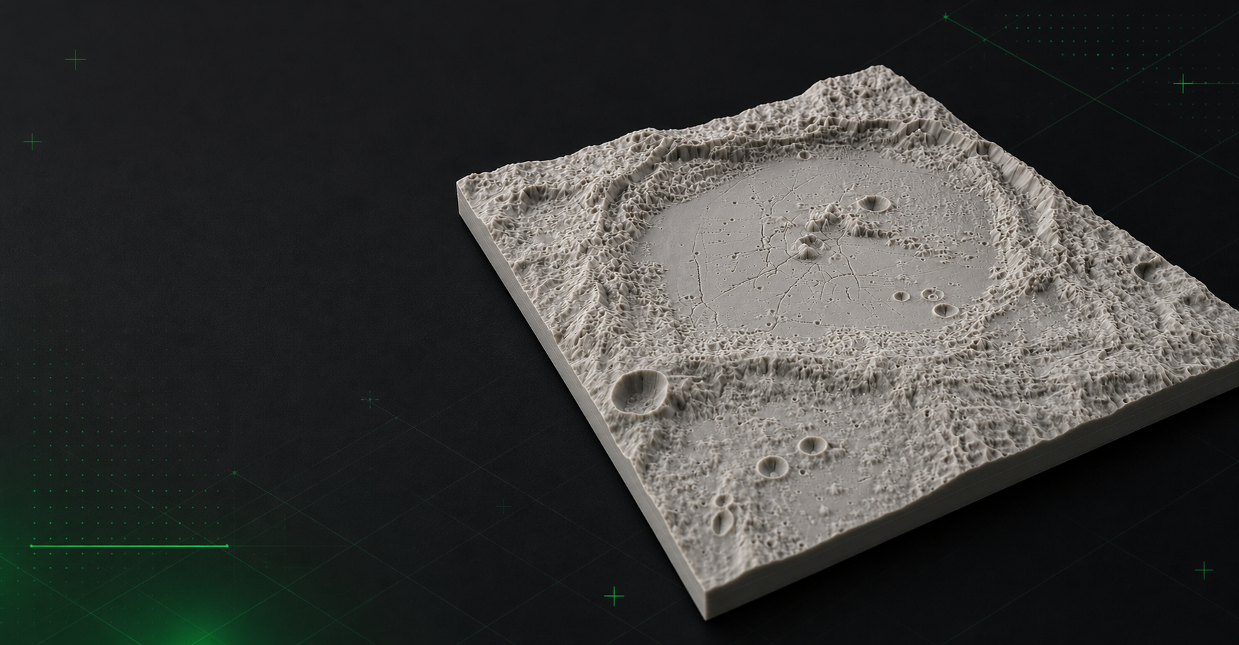 Cratered planetary terrain relief model suitable for 3D printing.