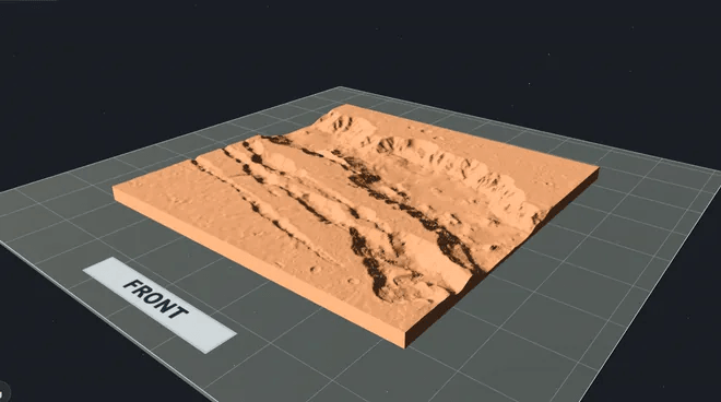 A 3D preview of a printable Mars terrain model with canyon relief.